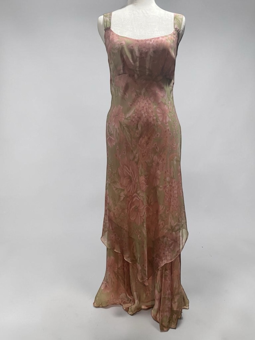 Talbots Petites pure silk Floral Pink-Green Dress shawled Sz 12